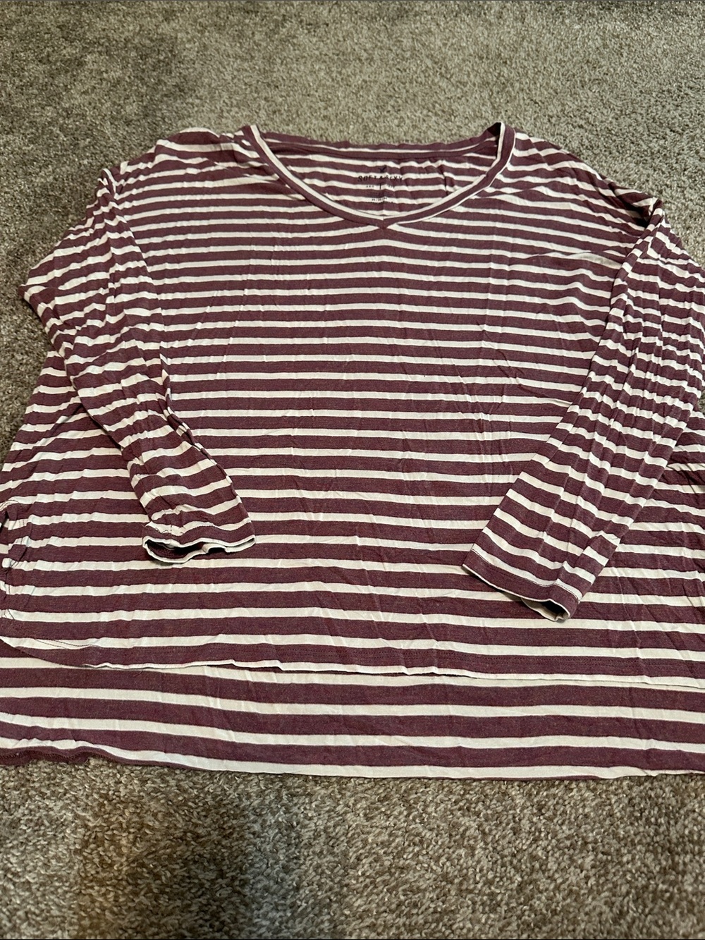 Striped Long-Sleeve V-Neck Top in Burgundy and Cream